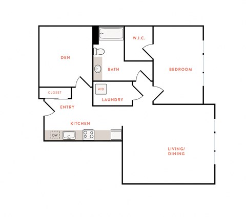 Floor plan for 1 bed, 1 bath, 1064 sqft